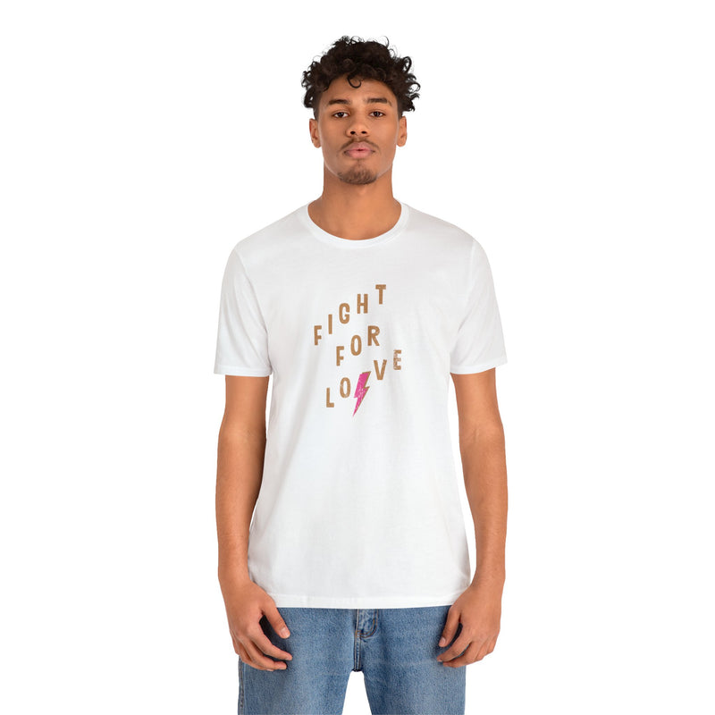Male model wearing white cotton T-Shirt by Top Knot Goods that says Fight For Love.