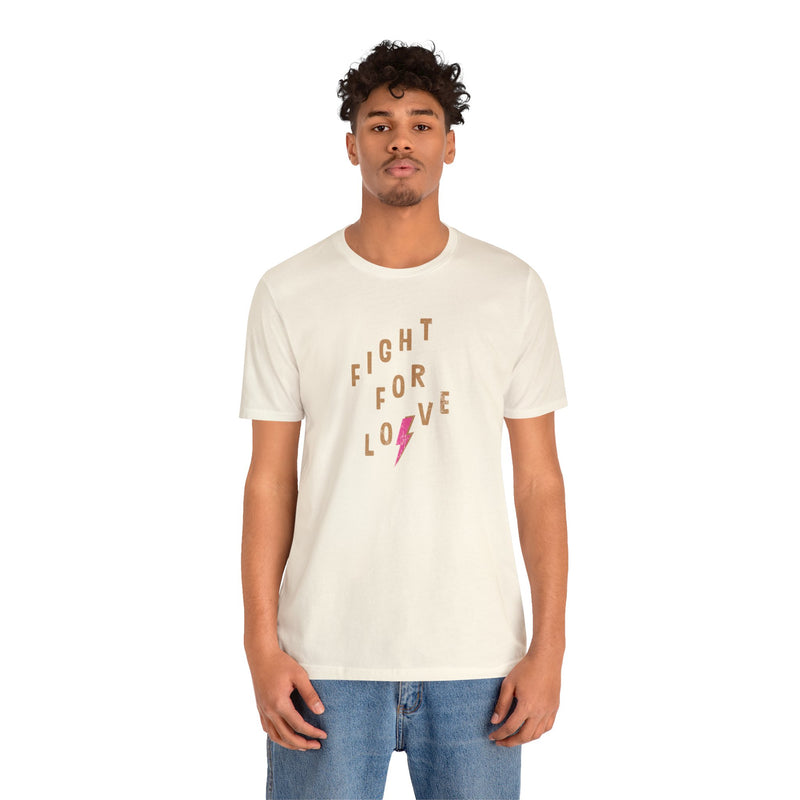 Male model wearing natural color cotton T-Shirt by Top Knot Goods that says Fight For Love.