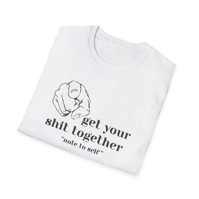 Flat lay of Top Knot Goods white cotton get your shit together t-shirt. 