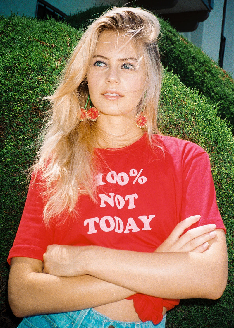 Top Knot Goods red cotton shirt with white letters that says  100 percent Not Today