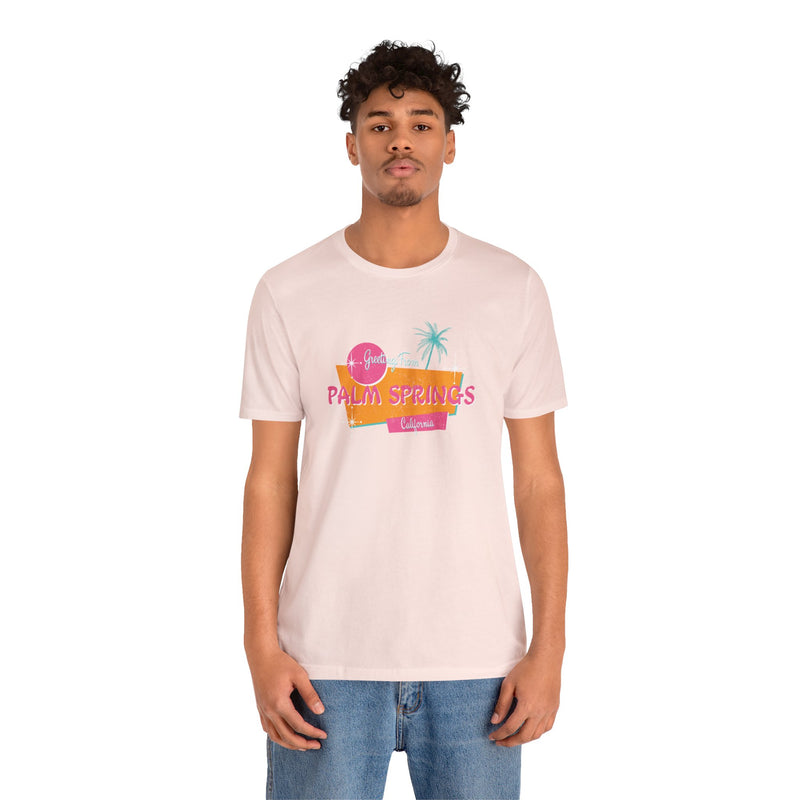 Male model wearing Greetings from Palm Spings California T-Shirt.