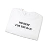 Folded white cotton crewneck sweatshirt with black writing that says No Rest for the Rad.