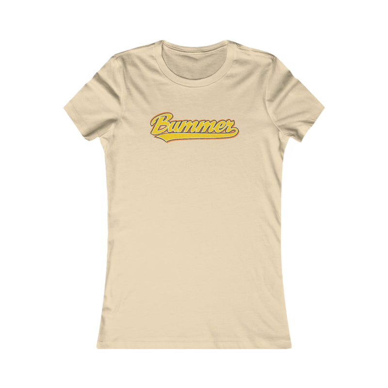 Tan shirt with Yellow writing that says Bummer 