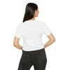 Model showing the back of the white crop top T-shirt. 