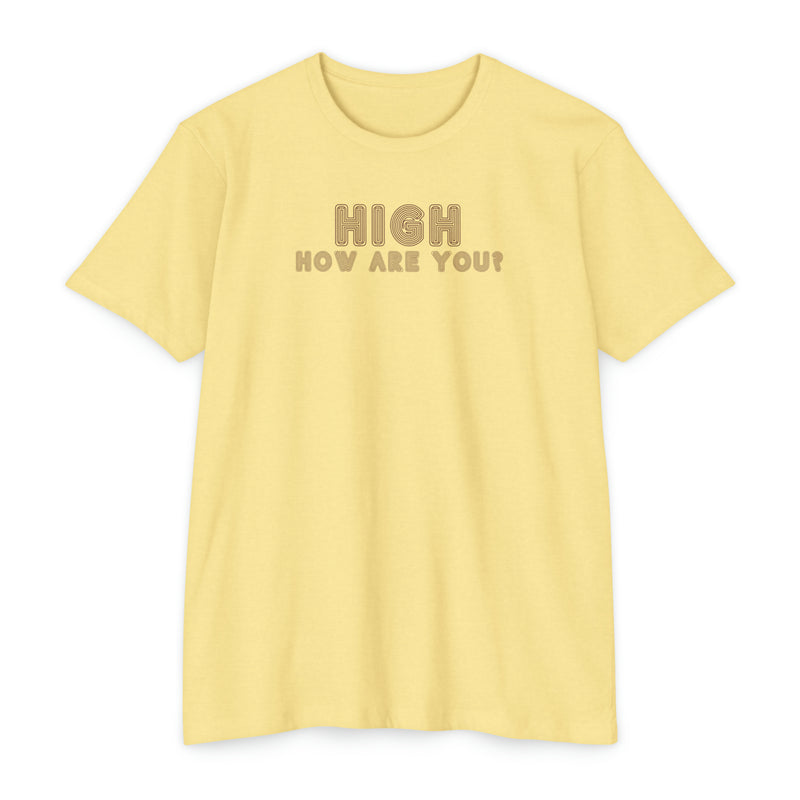 Flat lay of yellow cotton High How Are You T-Shirt.