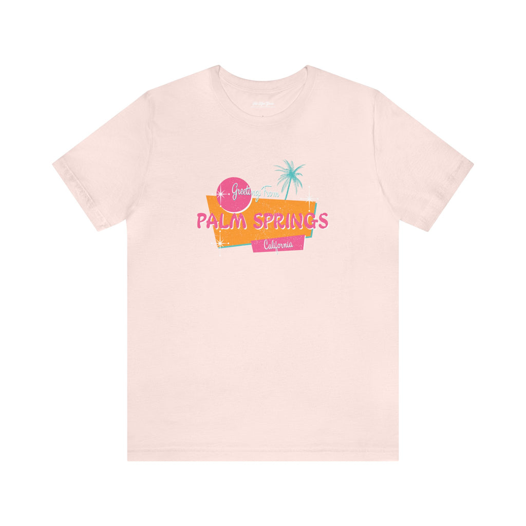 Flat lay of pink Palm Springs California pink T-Shirt.