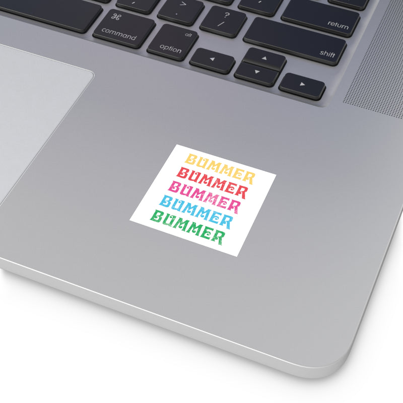 2x2 square Top Knot Goods Bummer sticker on laptop 