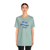 Female model wearing light bluegreen cotton t-shirt that says Be My Dopamine Rush in wavy writing
