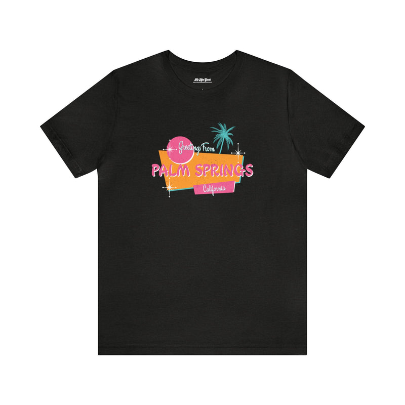 Flat lay of black Palm Springs California T-Shirt.