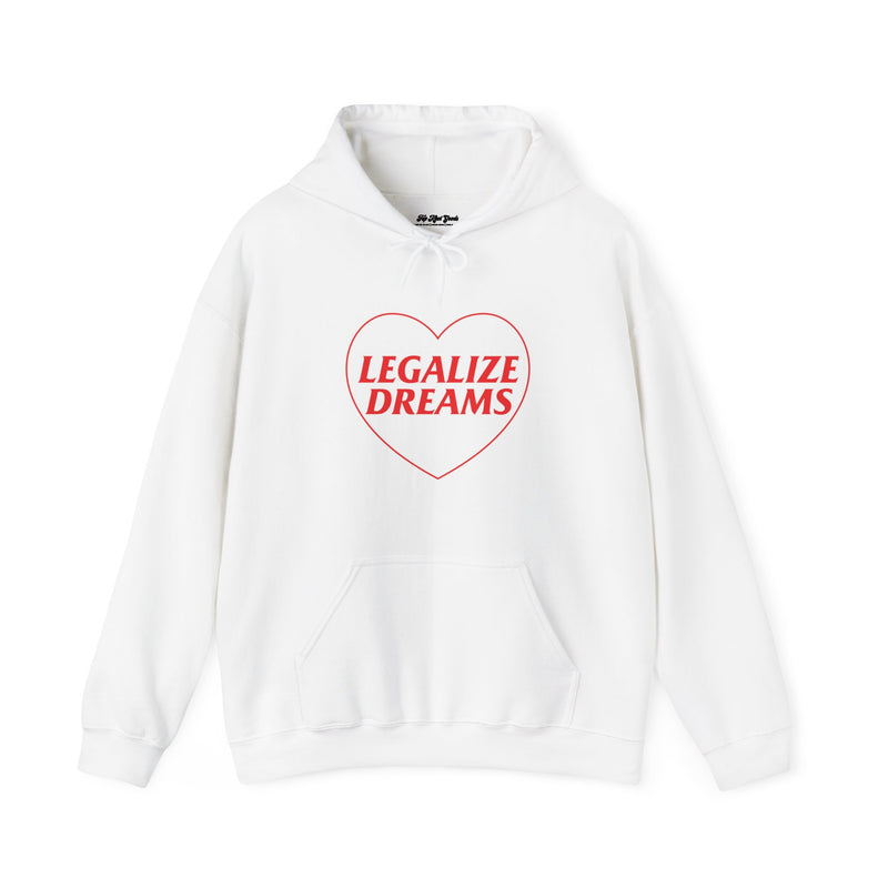 White Hoodie with red heart and Legalize Dreams written inside.