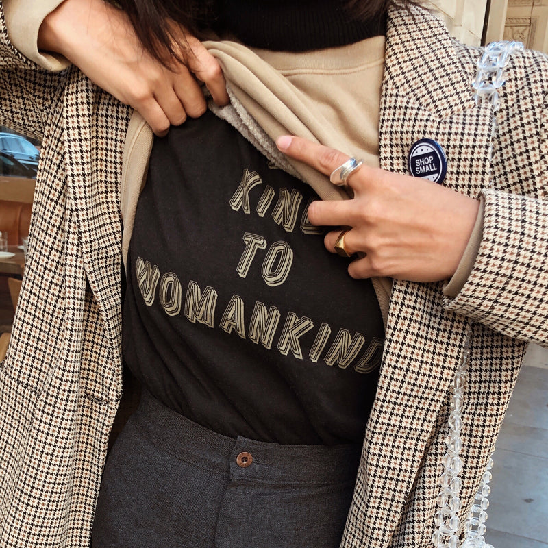 Top Knot Goods black cotton Be Kind to Womankind T-shirt