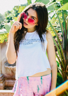 Girl wearing Top Knot Goods Late Nights and Whiskey white cotton T-Shirt.