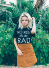 Model wearing No Rest for the Rad cotton black T-Shirt with brown skirt.