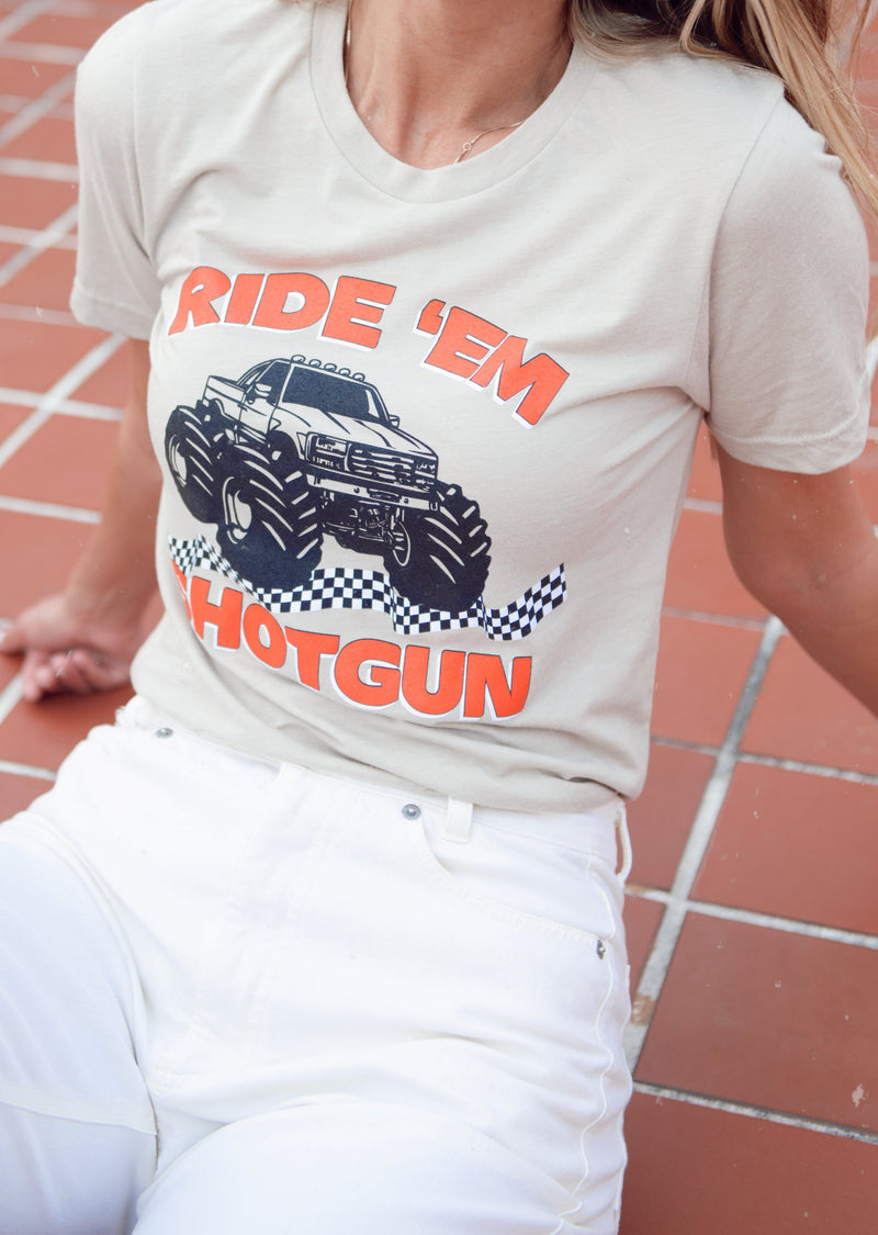 Cream colored t-shirt with Ride em shotgun Monster Truck Shirt.