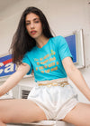 Female model wearing cotton T-shirt that says I'll go with you to happy hour if you go with me to sad hour.