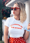 Girl wearing vintage inspired white antisocial t shirt by Top Knot Goods