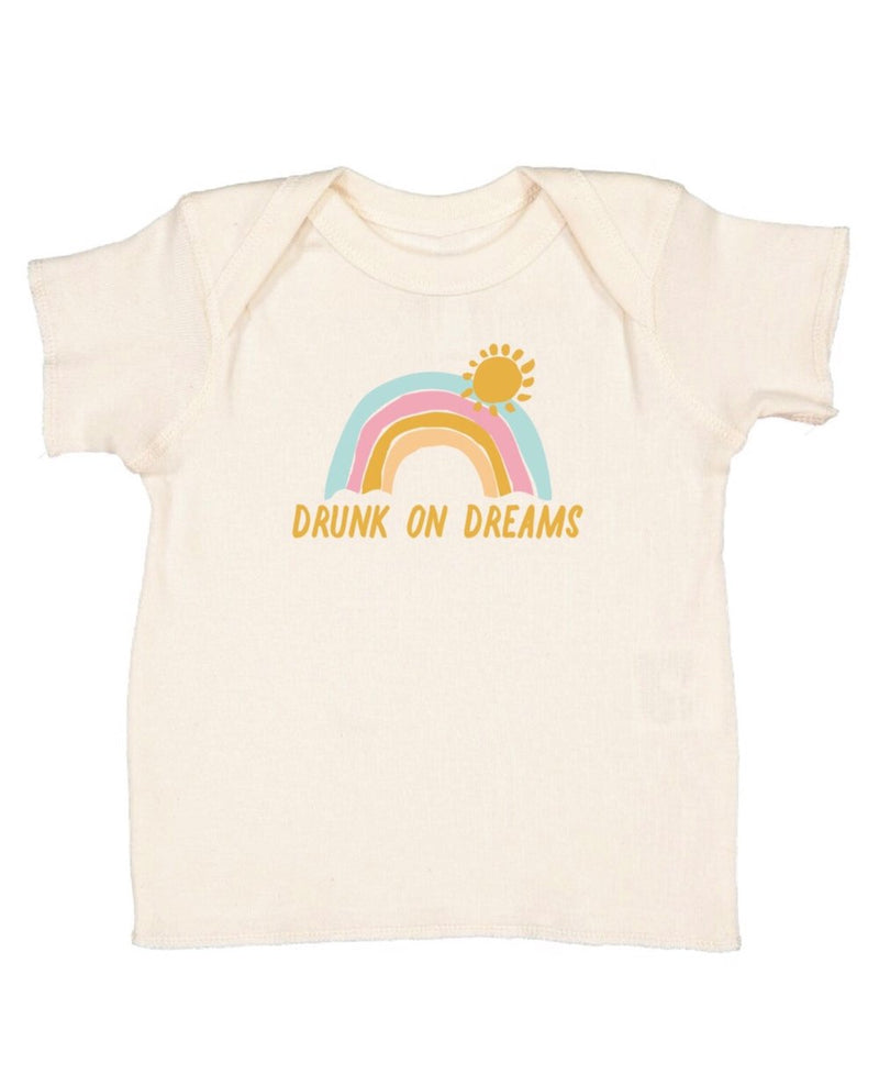 Kids natural cotton tee that says Drunk on Dreams with a rainbow and sun