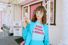 Vintage inspried baby blue t-shirt with red flock text 